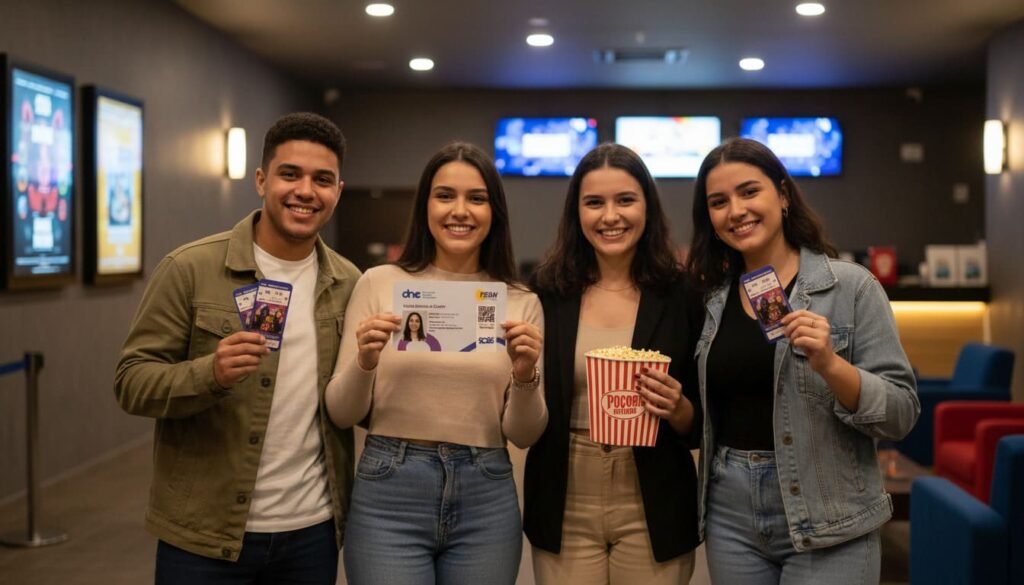 Estudantes utilizando carteira estudante para garantir desconto e pagar meia-entrada no cinema