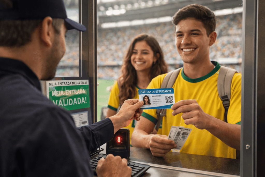 Apresentação da carteira de estudante para validação da meia-entrada no estádio de futebol.